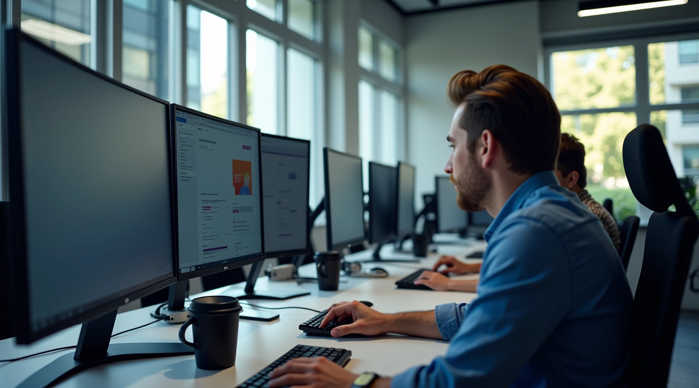 Ambiente de trabalho moderno com jornalistas utilizando ferramentas digitais avançadas
